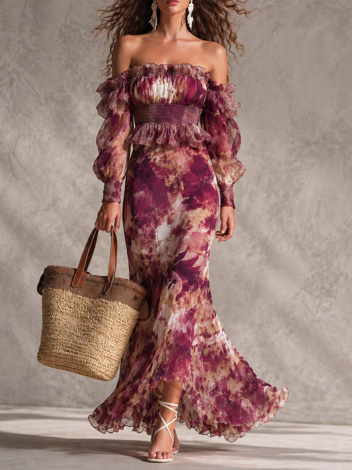Robe Maxi Chiffon Rose Poudré à Épaules Dégagées