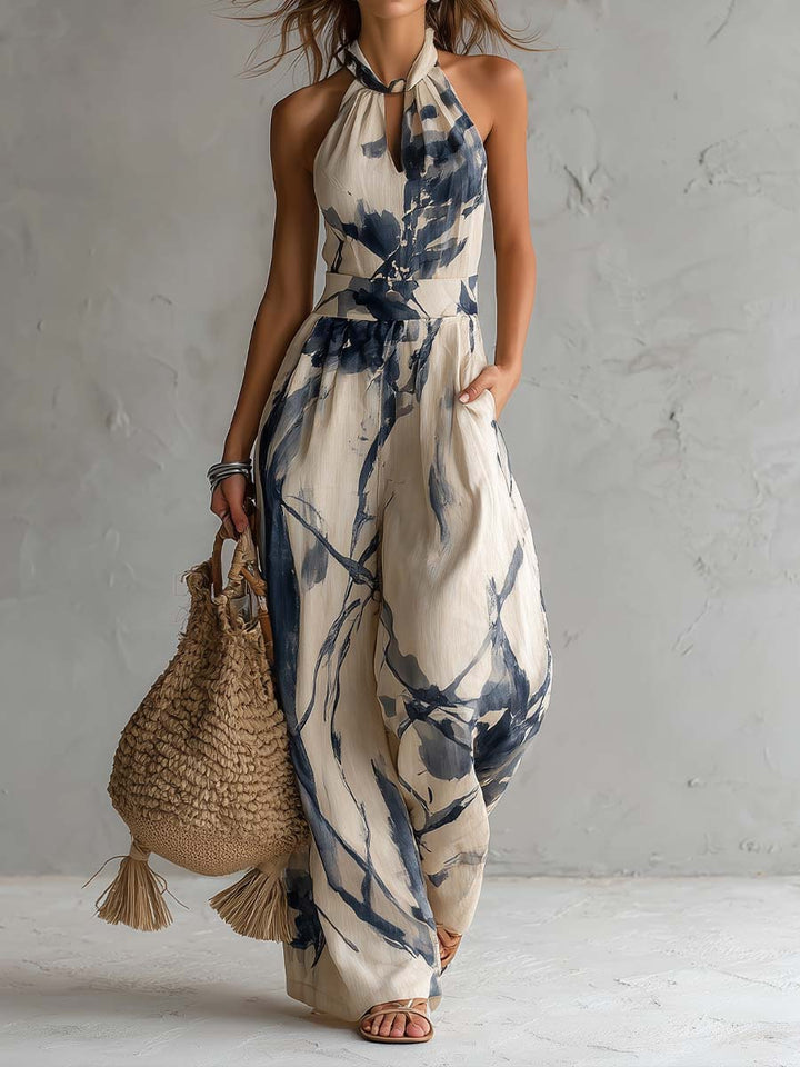 Combinaison à Col Halter Imprimé Aquarelle à Jambes Larges avec Poches