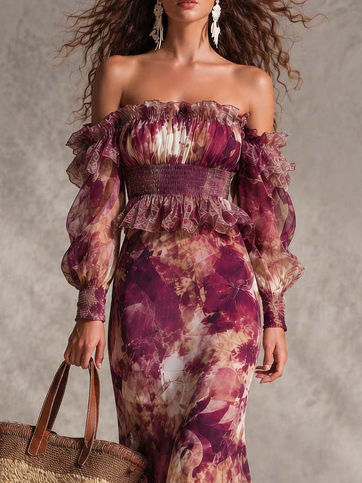 Robe Maxi Chiffon Rose Poudré à Épaules Dégagées
