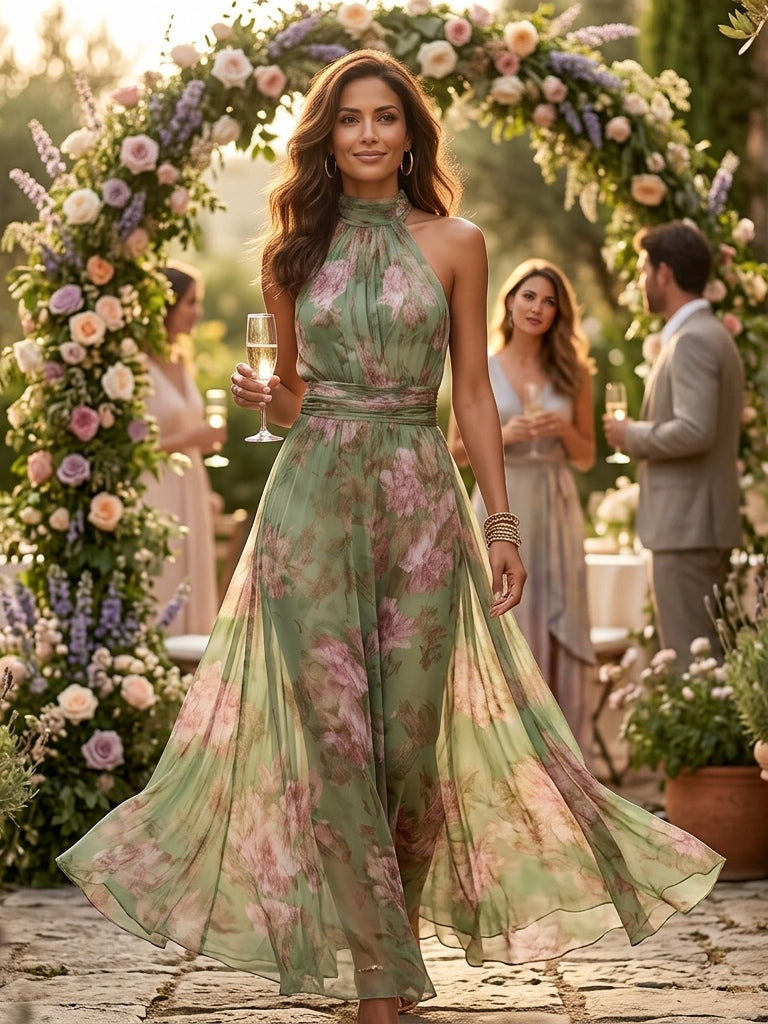 Leah - Robe Maxi en Chiffon Floral Vert avec Décolleté Halter