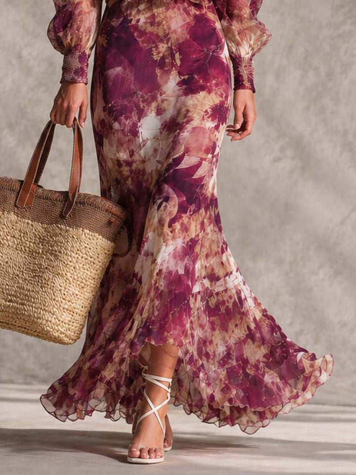 Robe Maxi Chiffon Rose Poudré à Épaules Dégagées