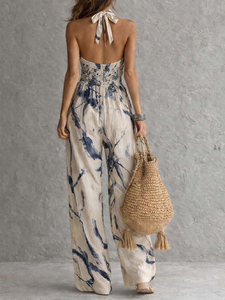 Combinaison à Col Halter Imprimé Aquarelle à Jambes Larges avec Poches