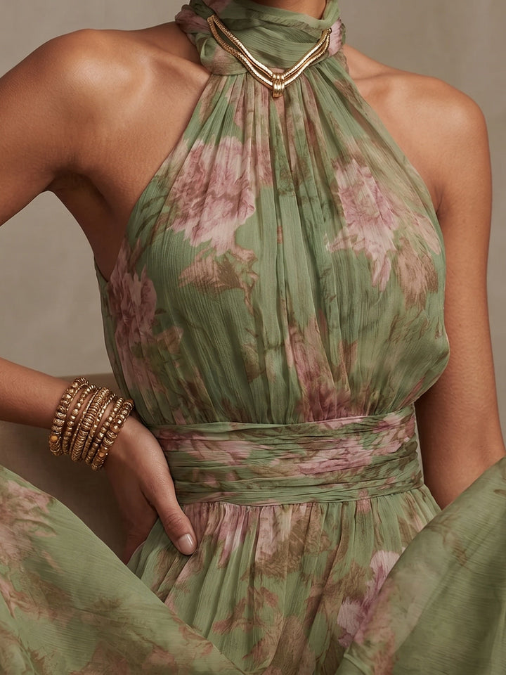 Leah - Robe Maxi en Chiffon Floral Vert avec Décolleté Halter