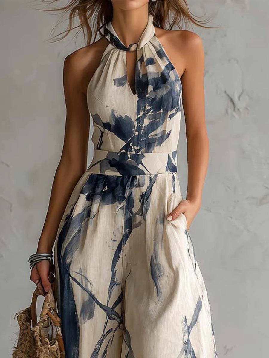 Combinaison à Col Halter Imprimé Aquarelle à Jambes Larges avec Poches