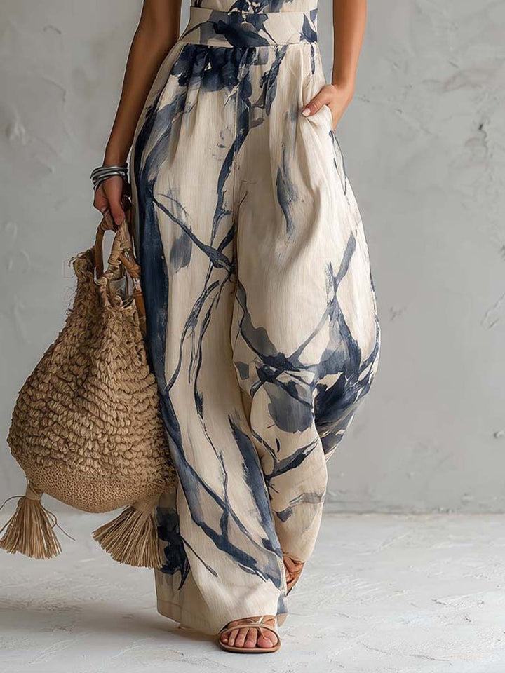Combinaison à Col Halter Imprimé Aquarelle à Jambes Larges avec Poches