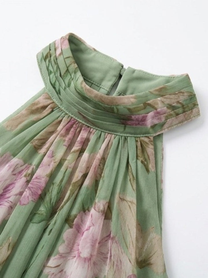 Leah - Robe Maxi en Chiffon Floral Vert avec Décolleté Halter
