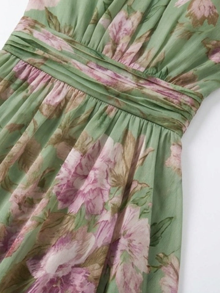 Leah - Robe Maxi en Chiffon Floral Vert avec Décolleté Halter