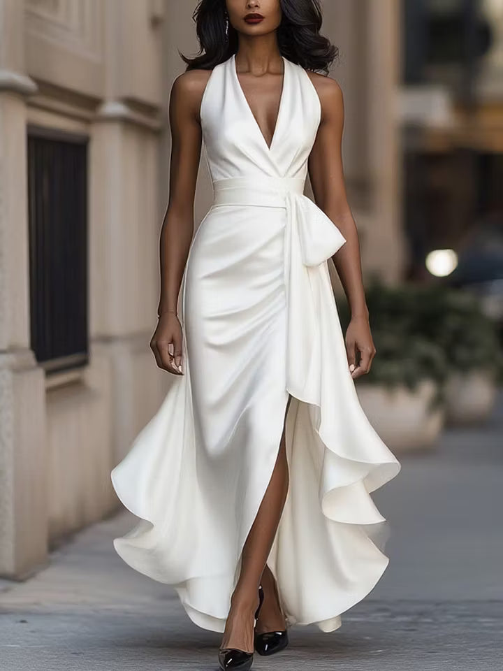 Scarlett | Robe à volants en satin à col halter
