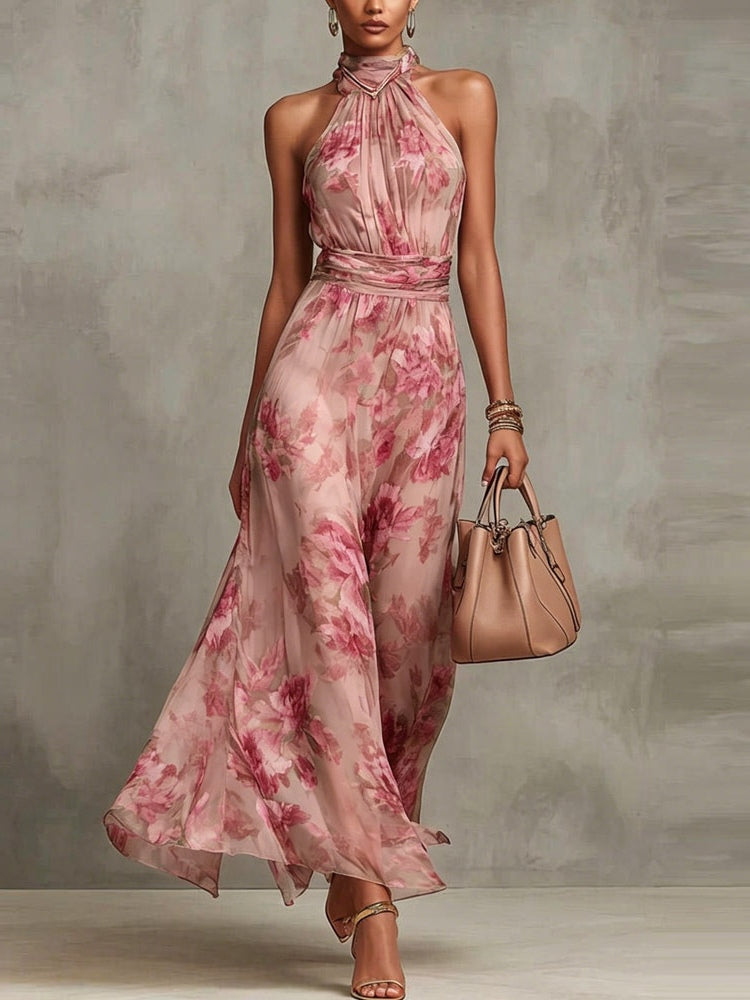Leah - Robe Maxi en Chiffon Floral Vert avec Décolleté Halter