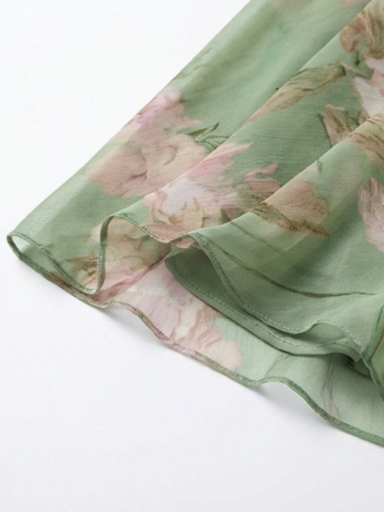 Leah - Robe Maxi en Chiffon Floral Vert avec Décolleté Halter