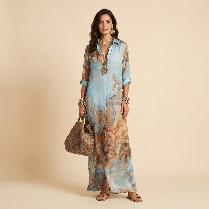 Luisa | Robe maxi chemisier fluide à élégance méditerranéenne