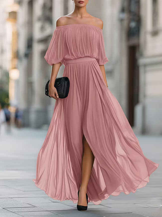Victoria | Robe Maxi en Chiffon Plissé à Épaules Nues