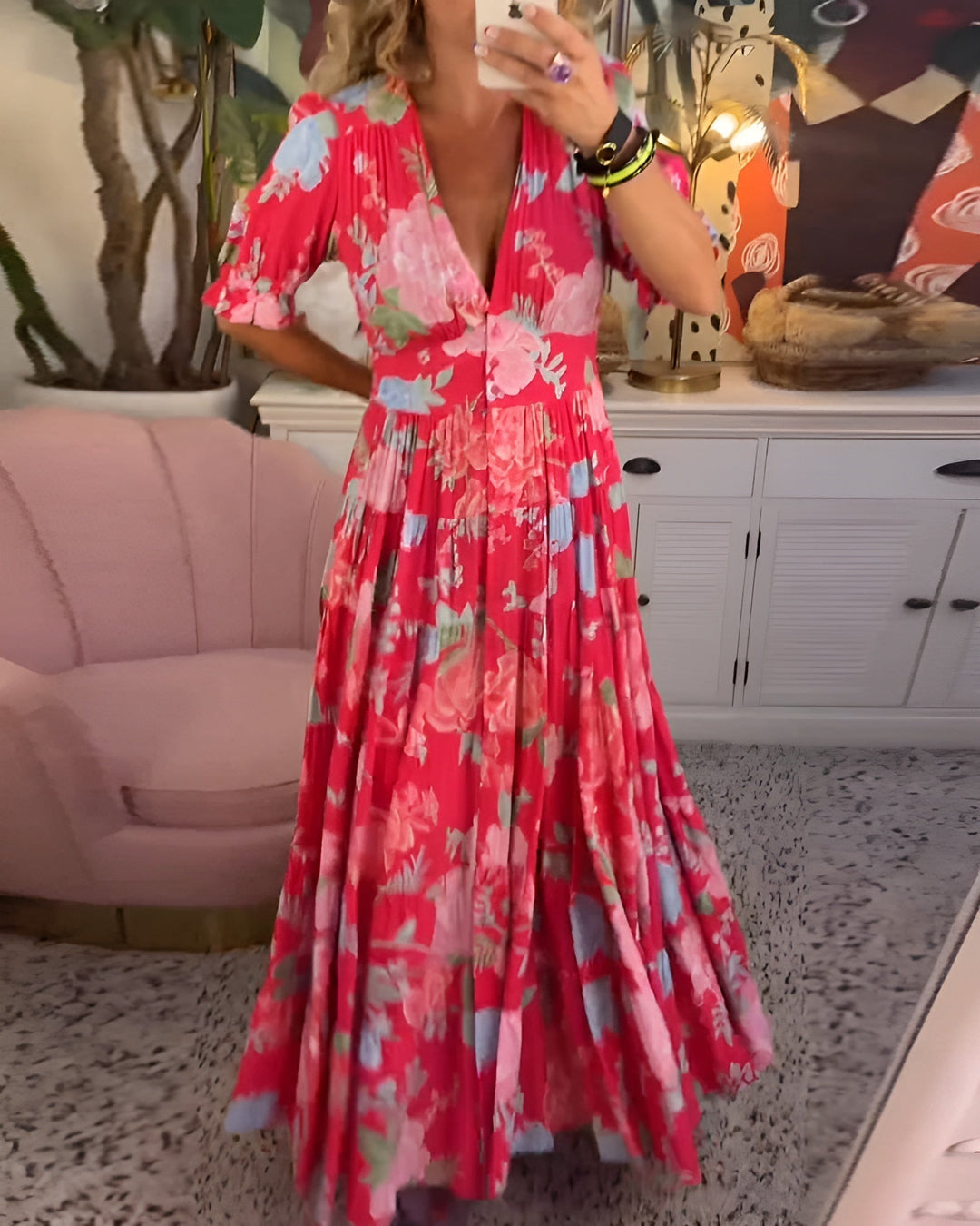 CATERINA | Robe Longue Fleurie avec Poches Cachées et Coupe Féminine pour le Jour