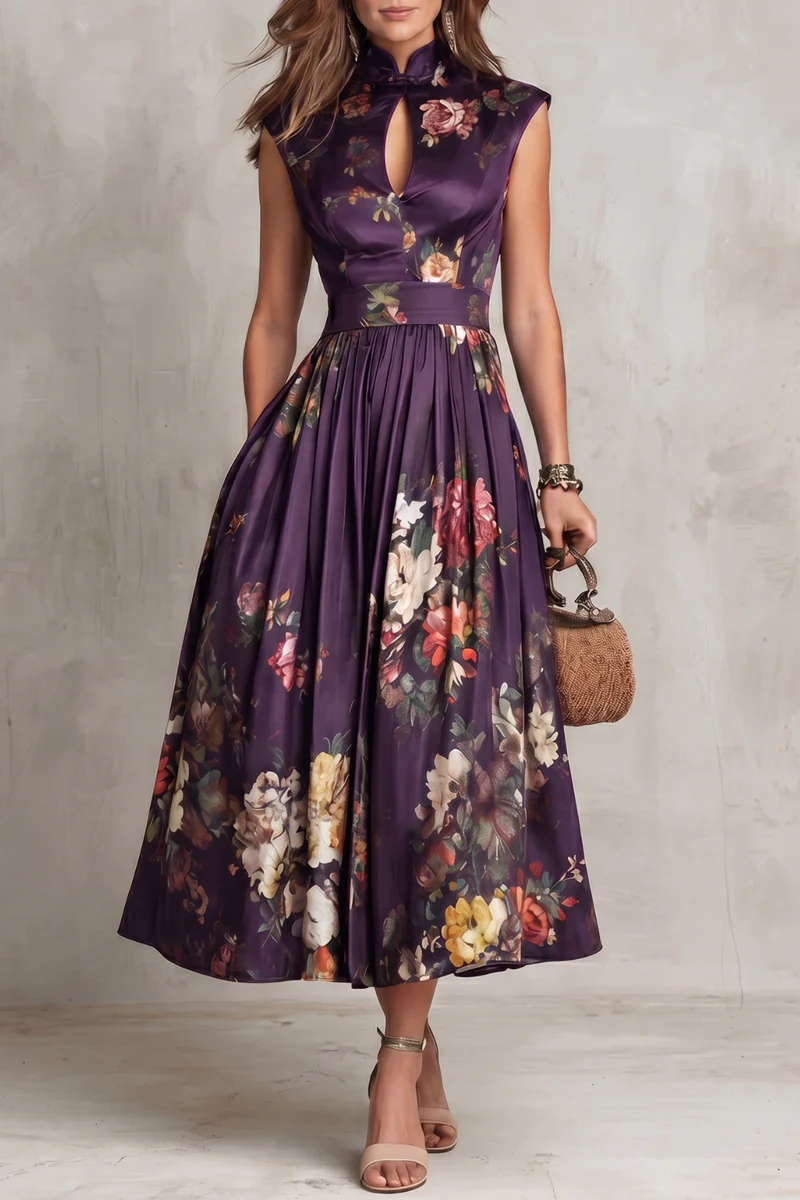 Robe Midi Plissée en Satin avec Col à Oeil de Verre Noir
