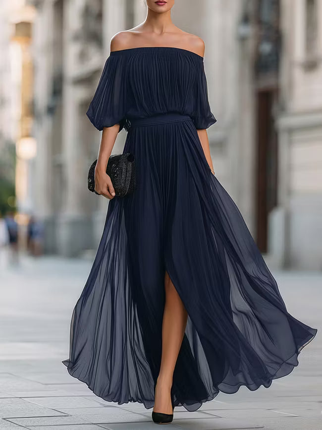 Victoria | Robe Maxi en Chiffon Plissé à Épaules Nues