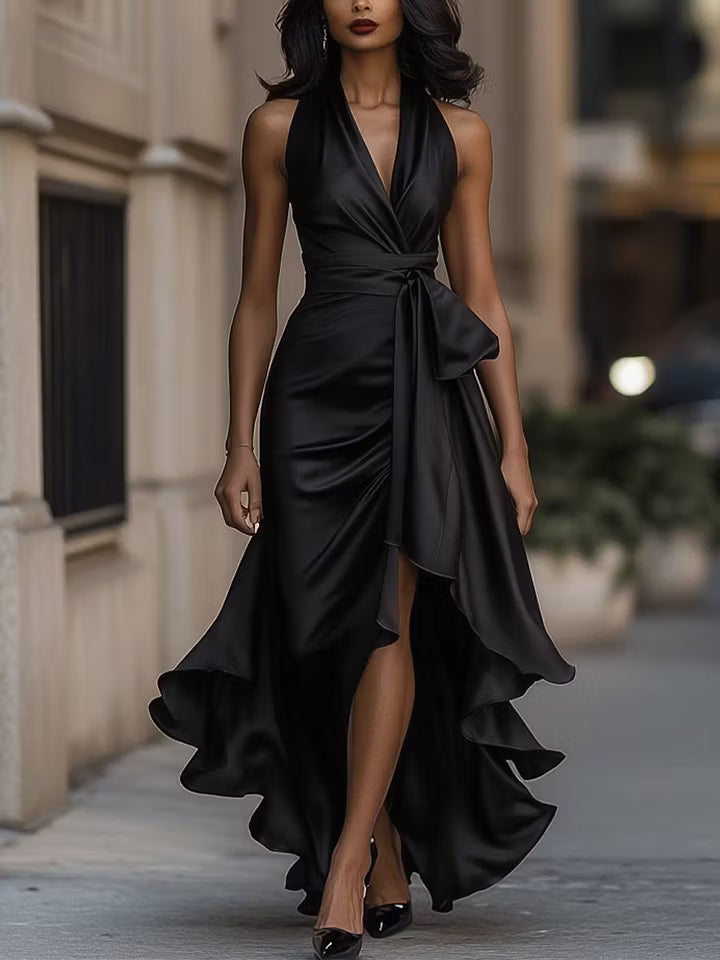 Scarlett | Robe à volants en satin à col halter