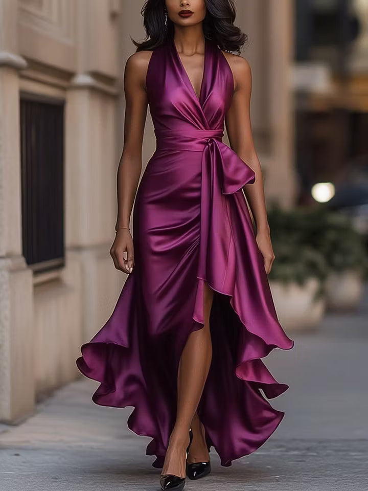 Scarlett | Robe à volants en satin à col halter
