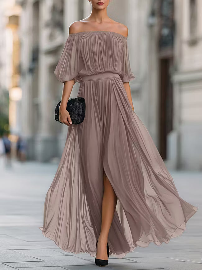 Victoria | Robe Maxi en Chiffon Plissé à Épaules Nues