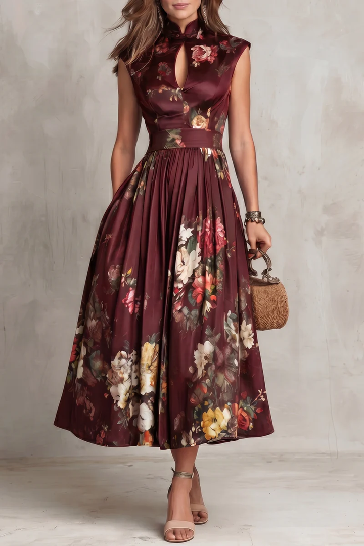 Robe Midi Plissée en Satin avec Col à Oeil de Verre Noir