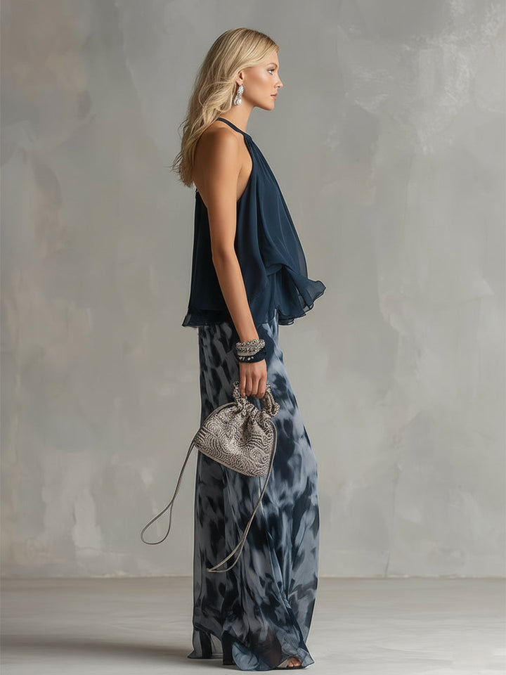 Ludovica – Ensemble en chiffon élégant avec top à col montant et pantalon large imprimé
