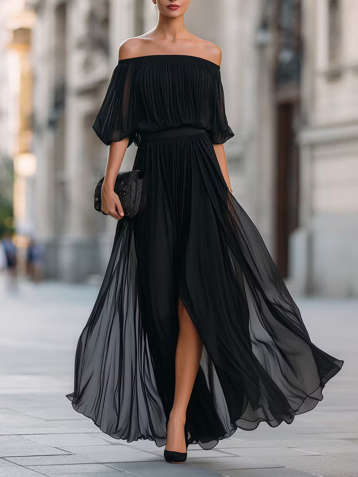 Victoria | Robe Maxi en Chiffon Plissé à Épaules Nues