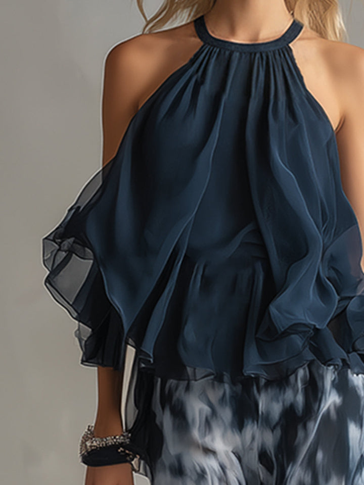 Ludovica – Ensemble en chiffon élégant avec top à col montant et pantalon large imprimé