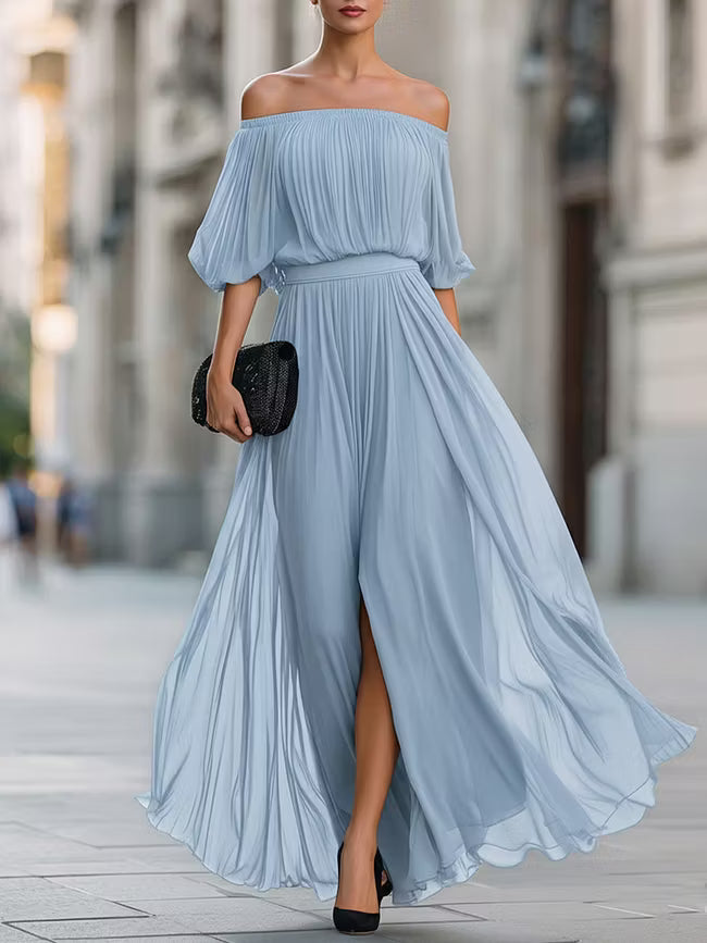 Victoria | Robe Maxi en Chiffon Plissé à Épaules Nues