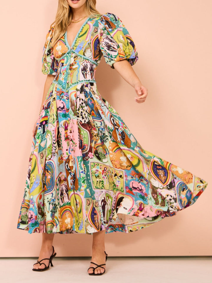 Robe Midi Décontractée avec Imprimé Graffiti Vert Éternel