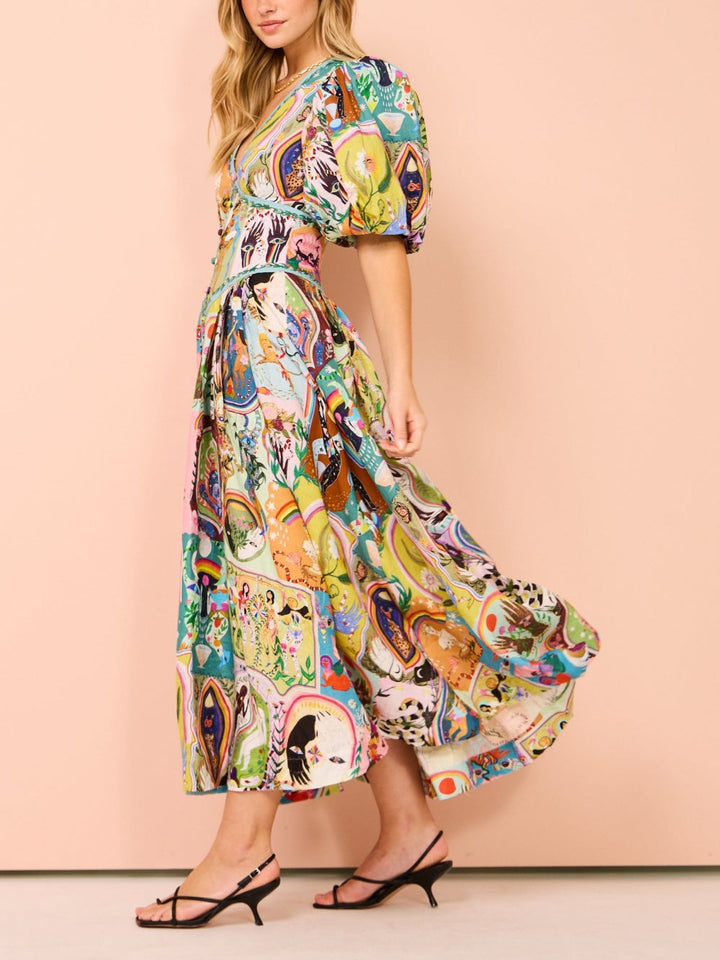 Robe Midi Décontractée avec Imprimé Graffiti Vert Éternel