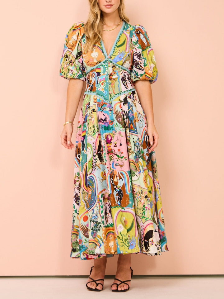 Robe Midi Décontractée avec Imprimé Graffiti Vert Éternel