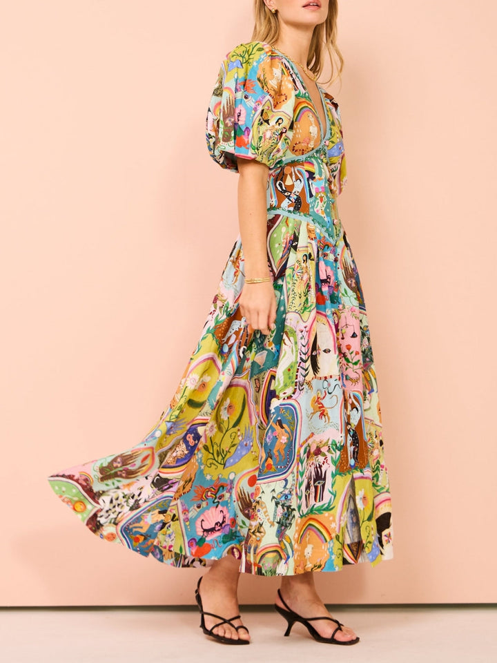 Robe Midi Décontractée avec Imprimé Graffiti Vert Éternel