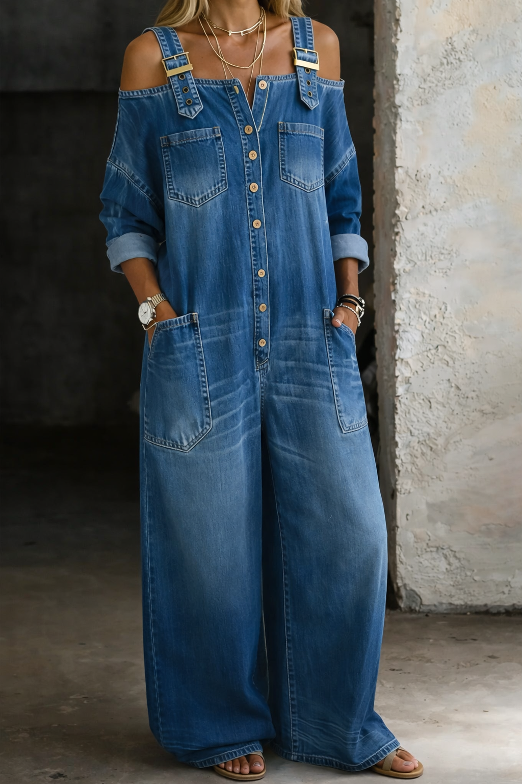 Sophia | Combinaison en Denim avec Épaules Dégagées