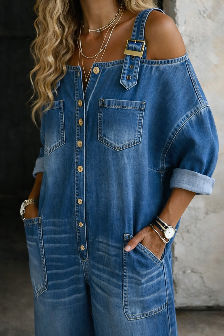 Sophia | Combinaison en Denim avec Épaules Dégagées