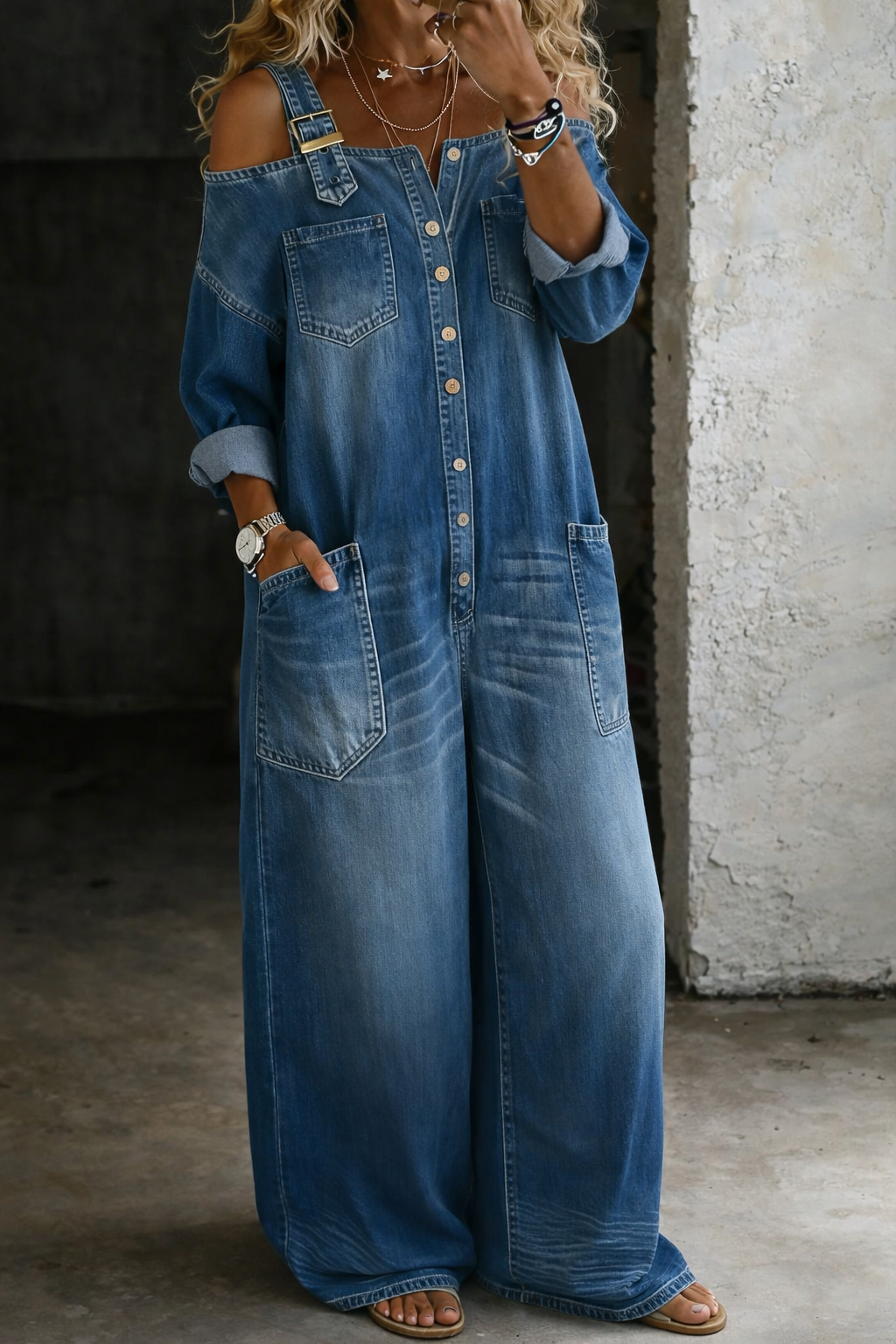 Sophia | Combinaison en Denim avec Épaules Dégagées