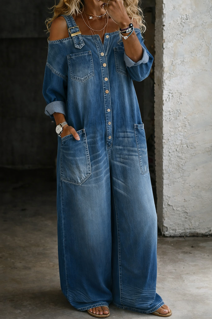 Sophia | Combinaison en Denim avec Épaules Dégagées