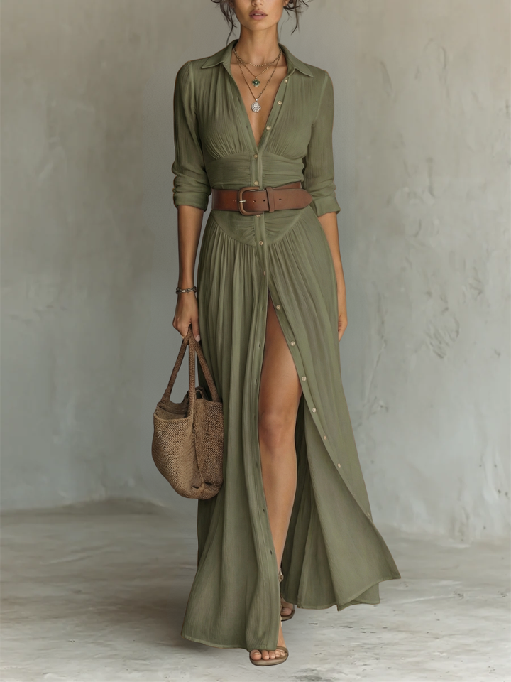 Robe Maxi Longue avec Col Noté et Manches Longues pour Femmes