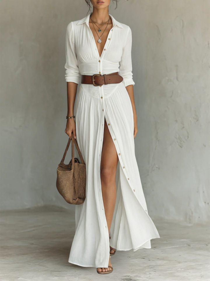 Robe Maxi Longue avec Col Noté et Manches Longues pour Femmes