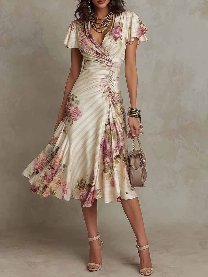 Alba | Robe Midi Drapée Florale Élégante