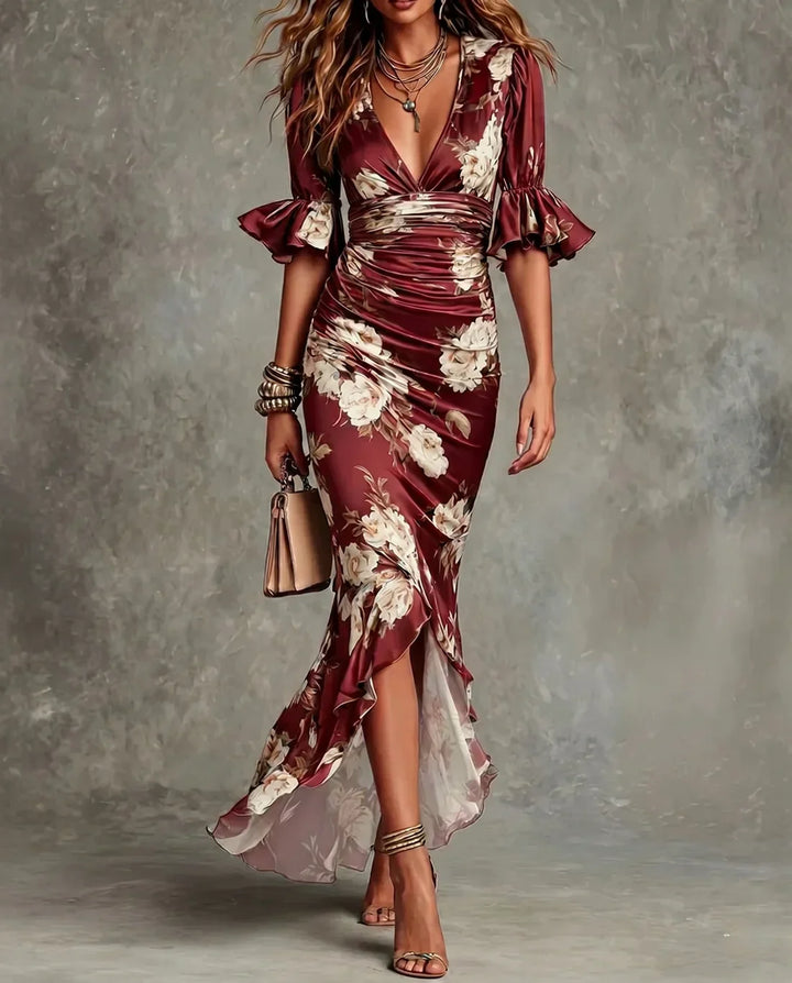 Robe Maxi en Satin Floral avec Ourlet Volanté