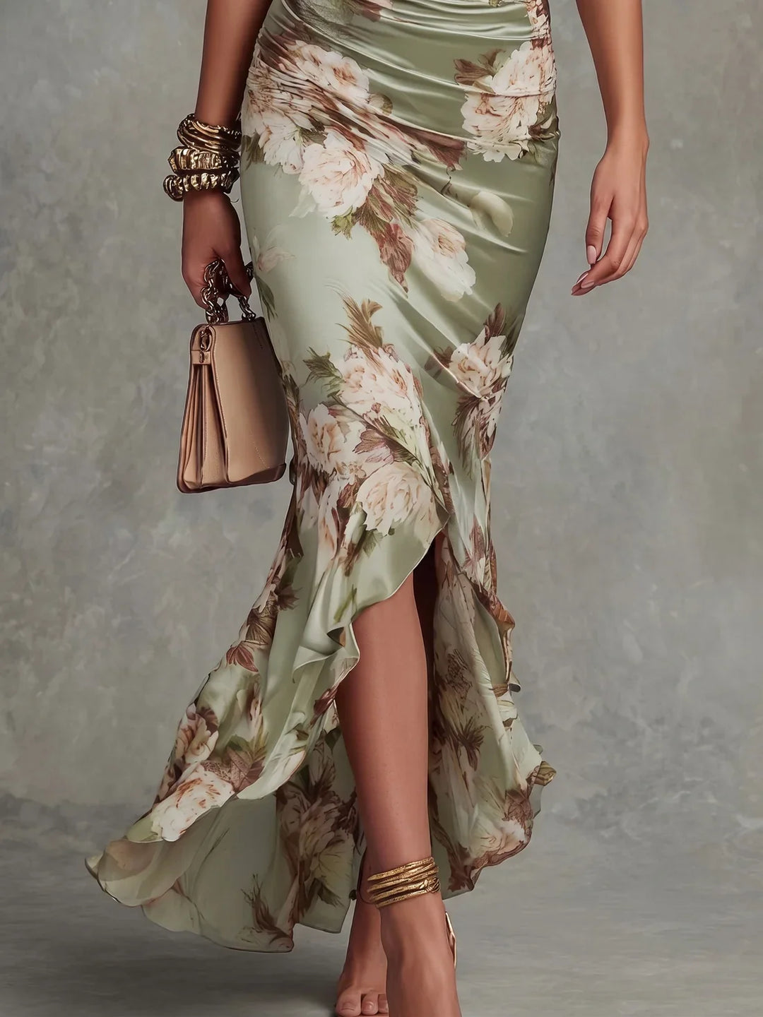 Robe Maxi en Satin Floral avec Ourlet Volanté