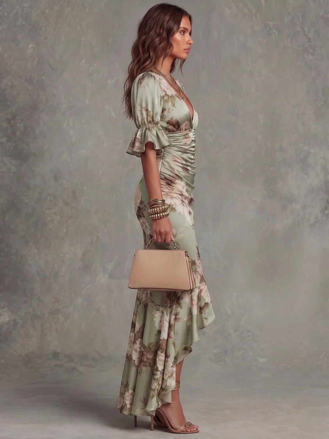 Robe Maxi en Satin Floral avec Ourlet Volanté