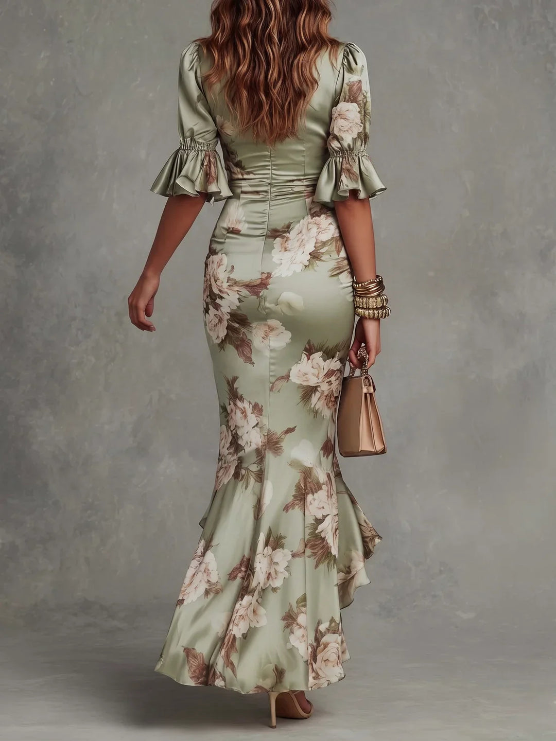 Robe Maxi en Satin Floral avec Ourlet Volanté