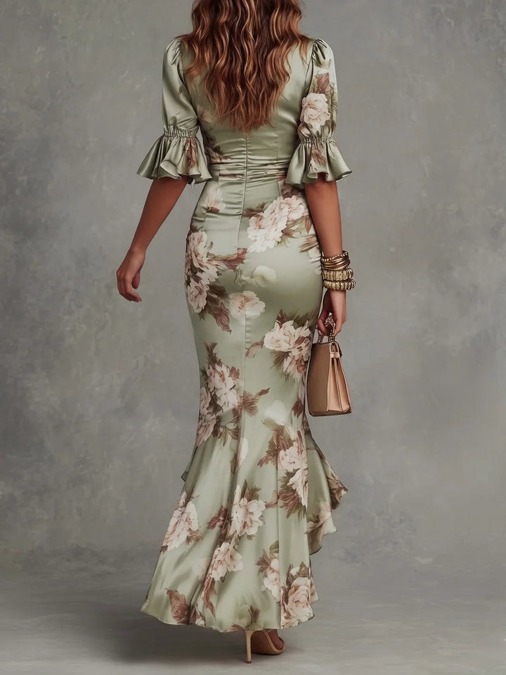 Robe Maxi en Satin Floral avec Ourlet Volanté