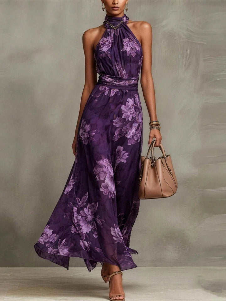 Leah - Robe Maxi en Chiffon Floral Vert avec Décolleté Halter