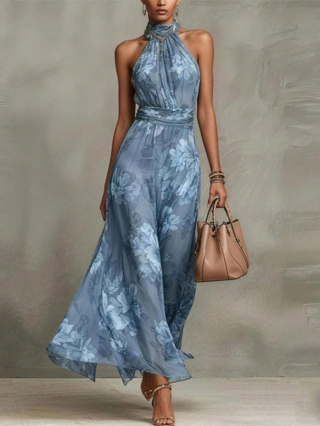 Leah - Robe Maxi en Chiffon Floral Vert avec Décolleté Halter