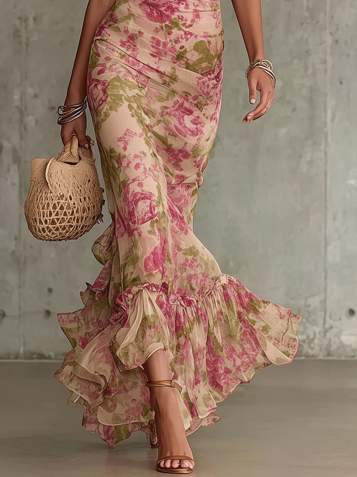 Fiora | Robe Maxi à Manches Bouffantes en Rose Vintage Romantique