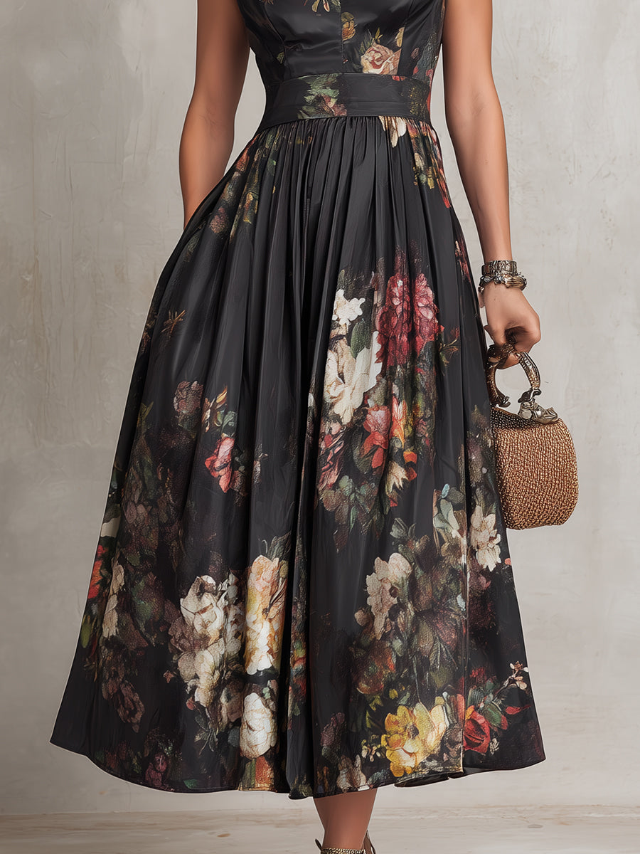 Robe Midi Plissée en Satin avec Col à Oeil de Verre Noir