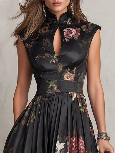 Robe Midi Plissée en Satin avec Col à Oeil de Verre Noir