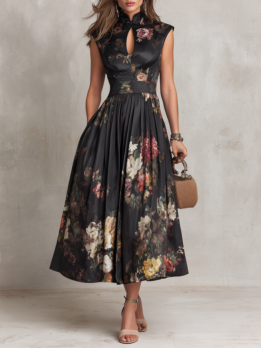 Robe Midi Plissée en Satin avec Col à Oeil de Verre Noir