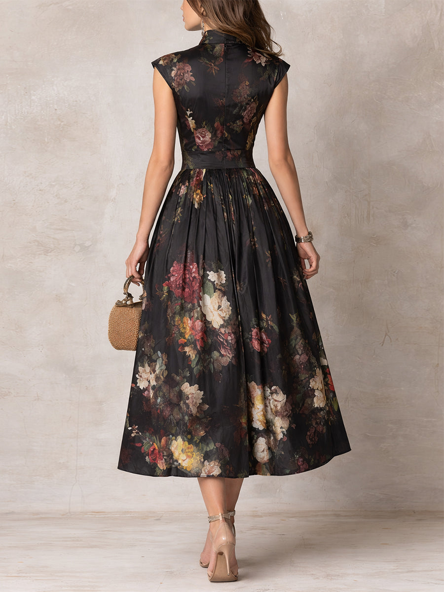 Robe Midi Plissée en Satin avec Col à Oeil de Verre Noir